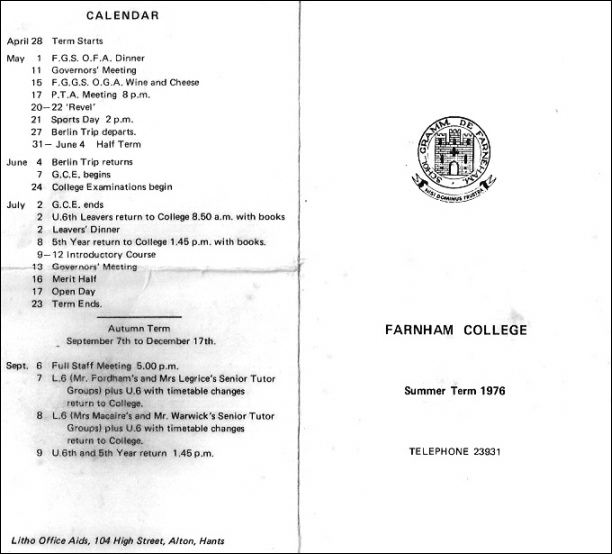 Farnham College calendar, summer 1976