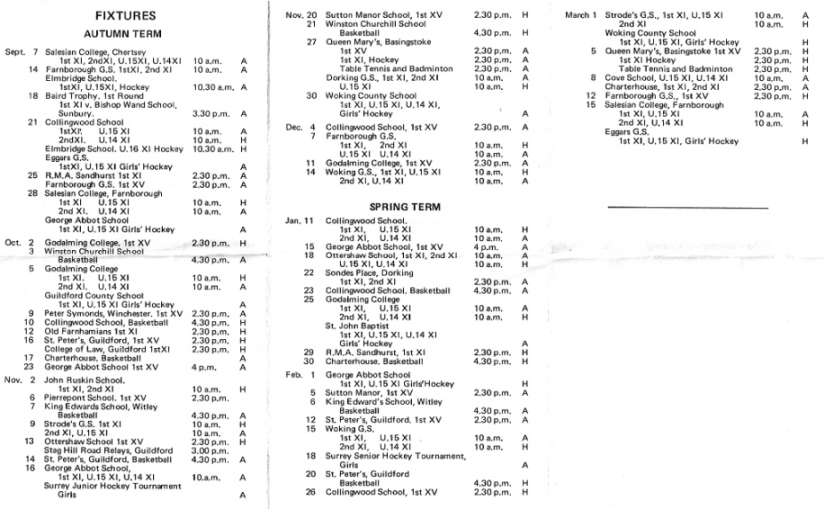 Farnham College calendar of sports fixtures 1974-75
