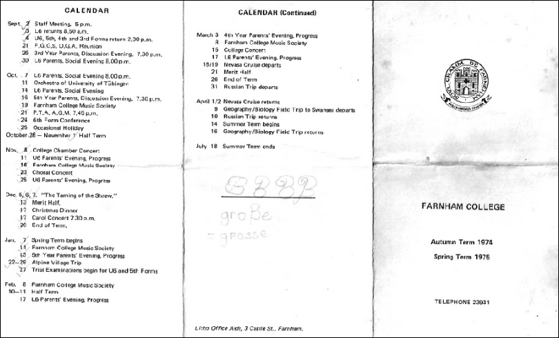 Farnham College calendar 1974-5